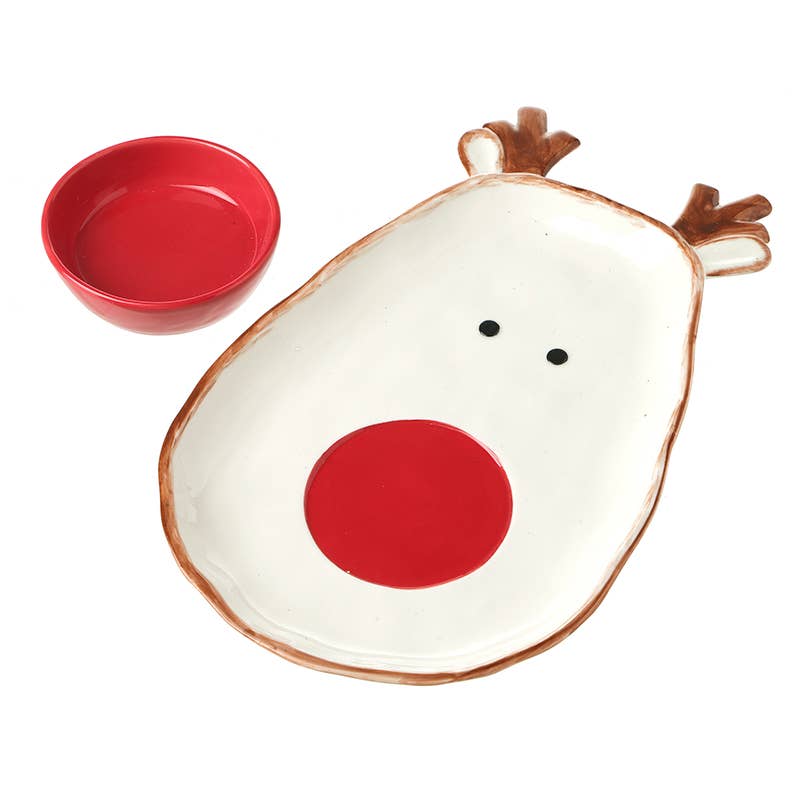 RED NOSE REINDEER SHAPED PLATE WITH BOWL