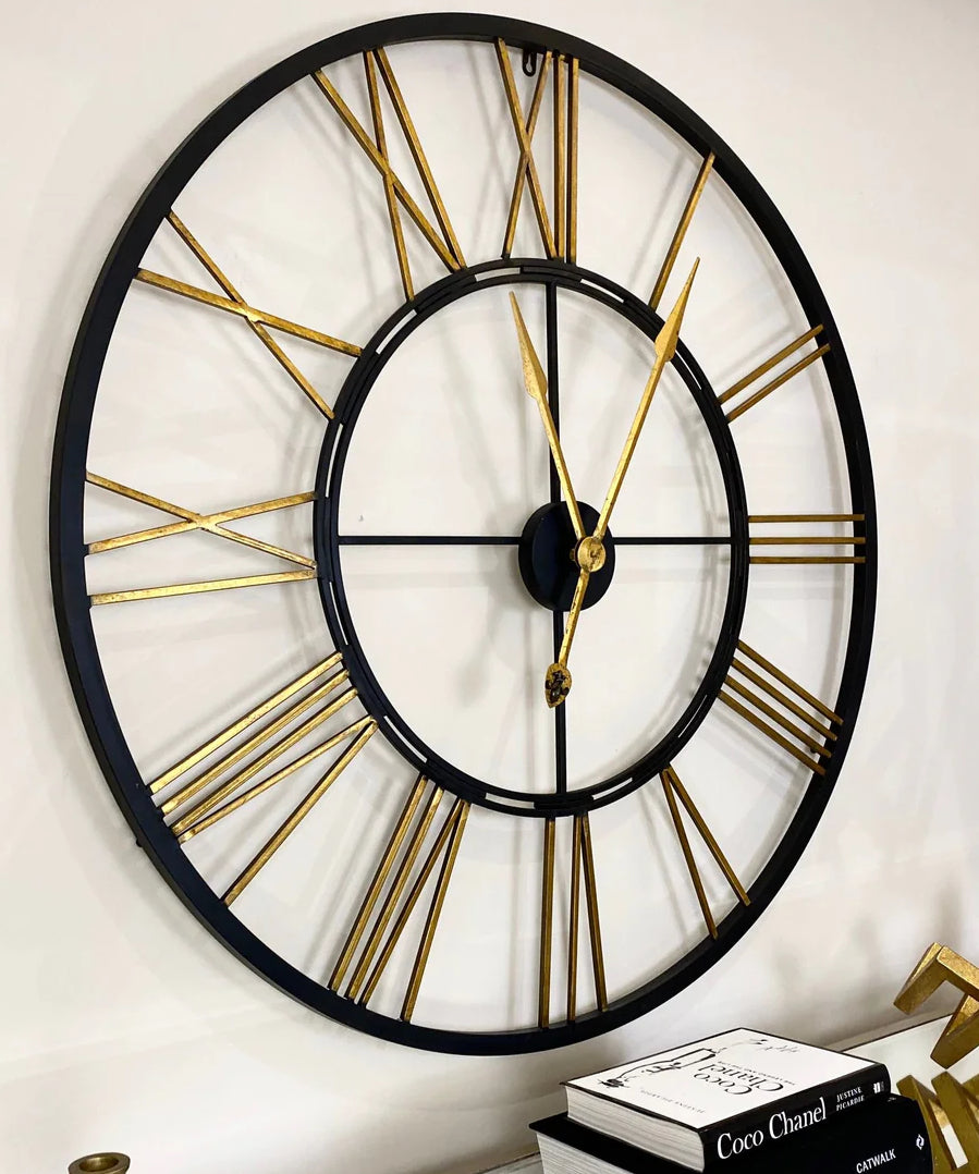 Large Black & Gold Iron Skeleton Clock