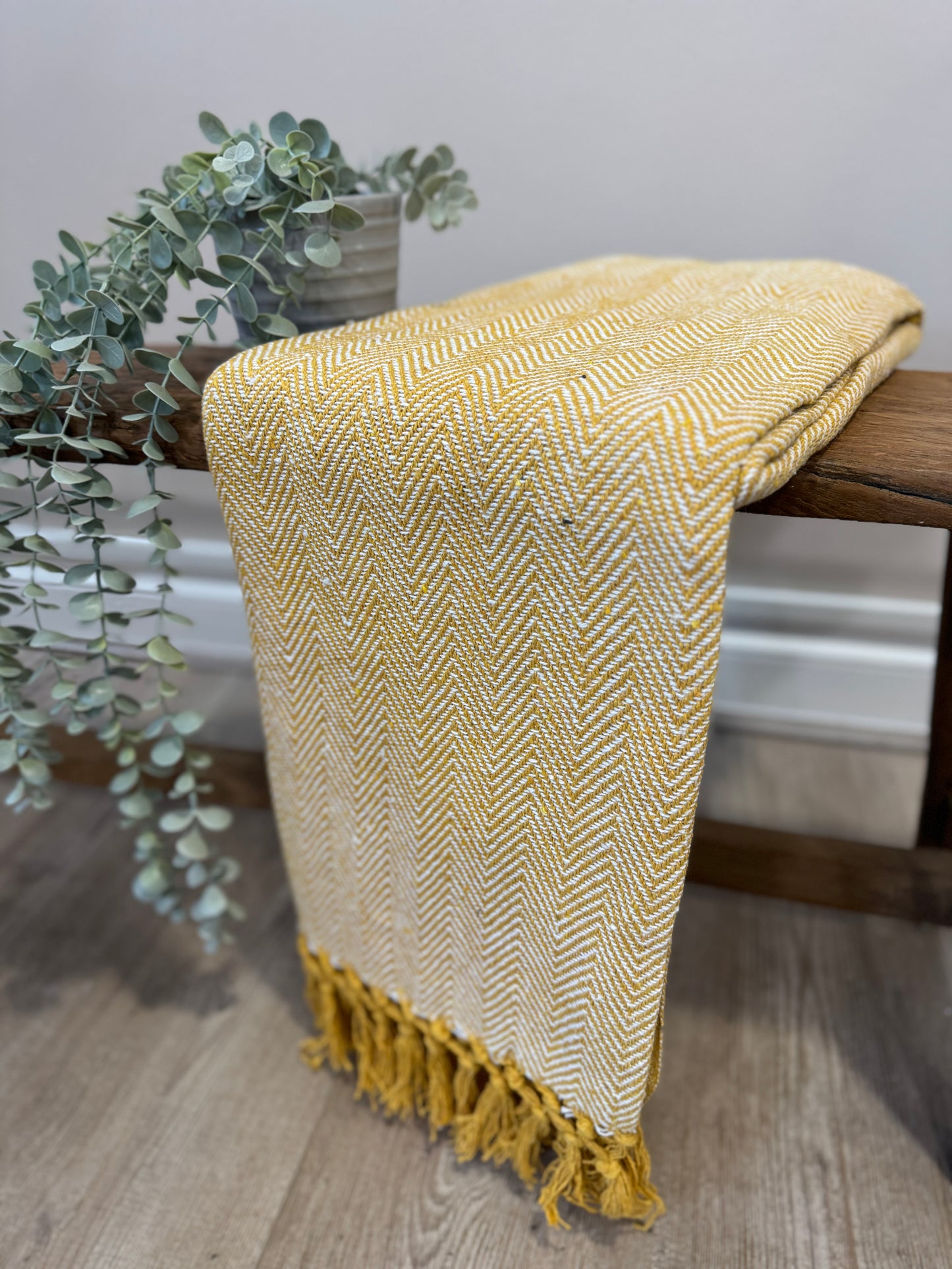 Recycled cotton throw mustard herringbone
