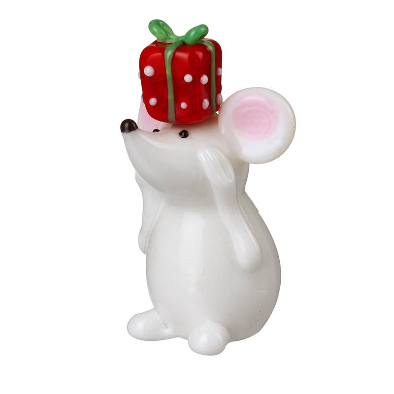 Christmas -WHITE GLASS MOUSE WITH PRESENT (gT)