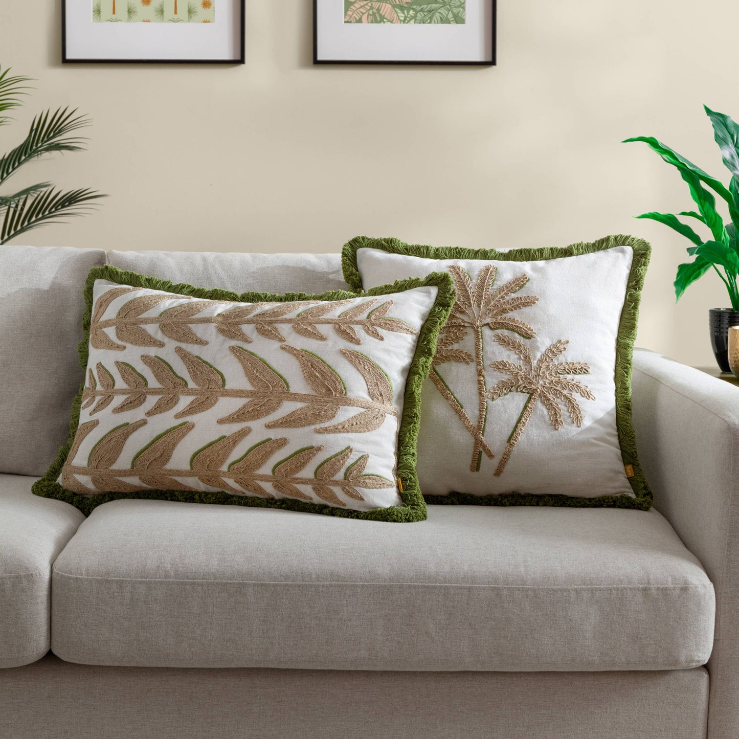 Palm Embroidered Cushion Green