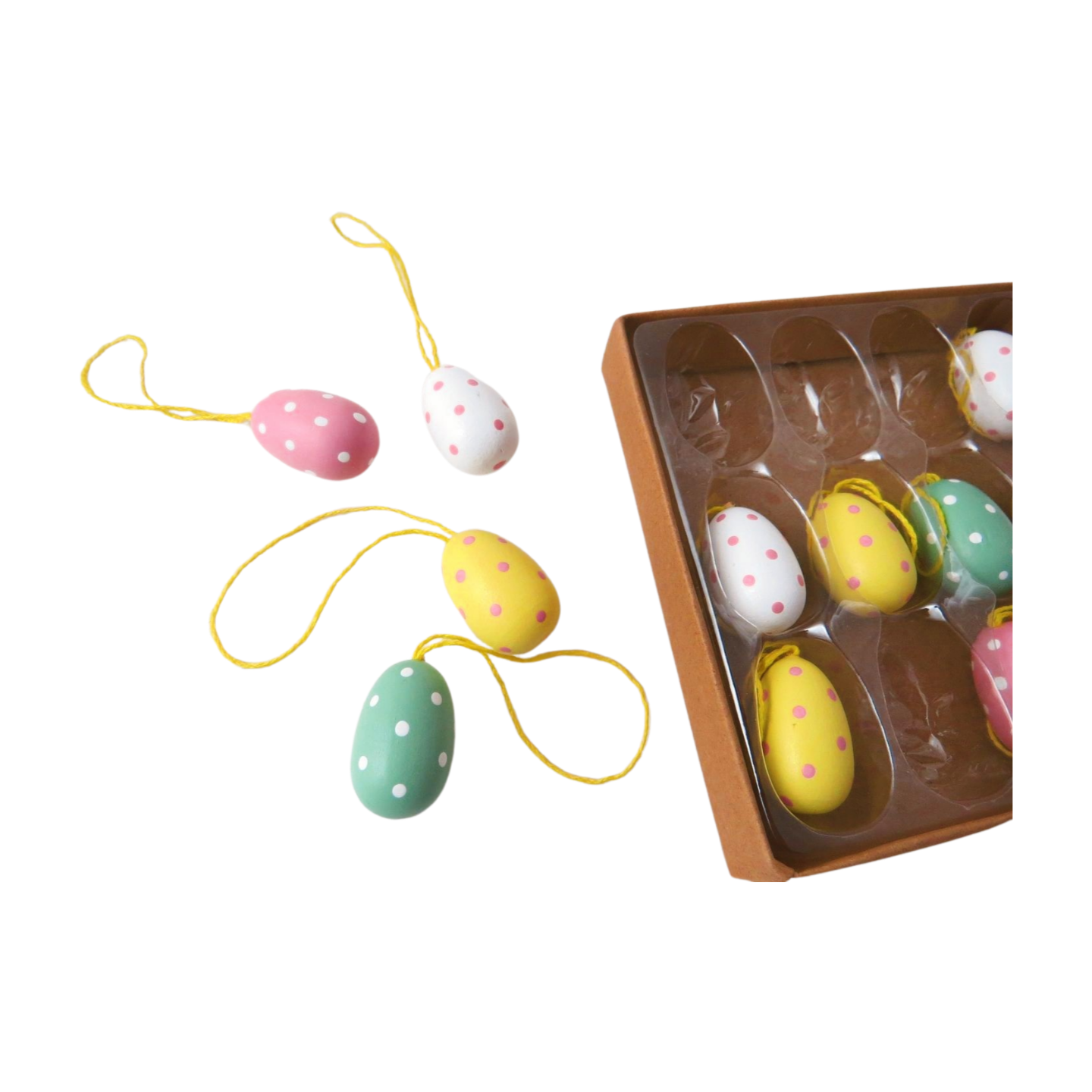 Set of 12 mini hanging egg decorations, comes in display box