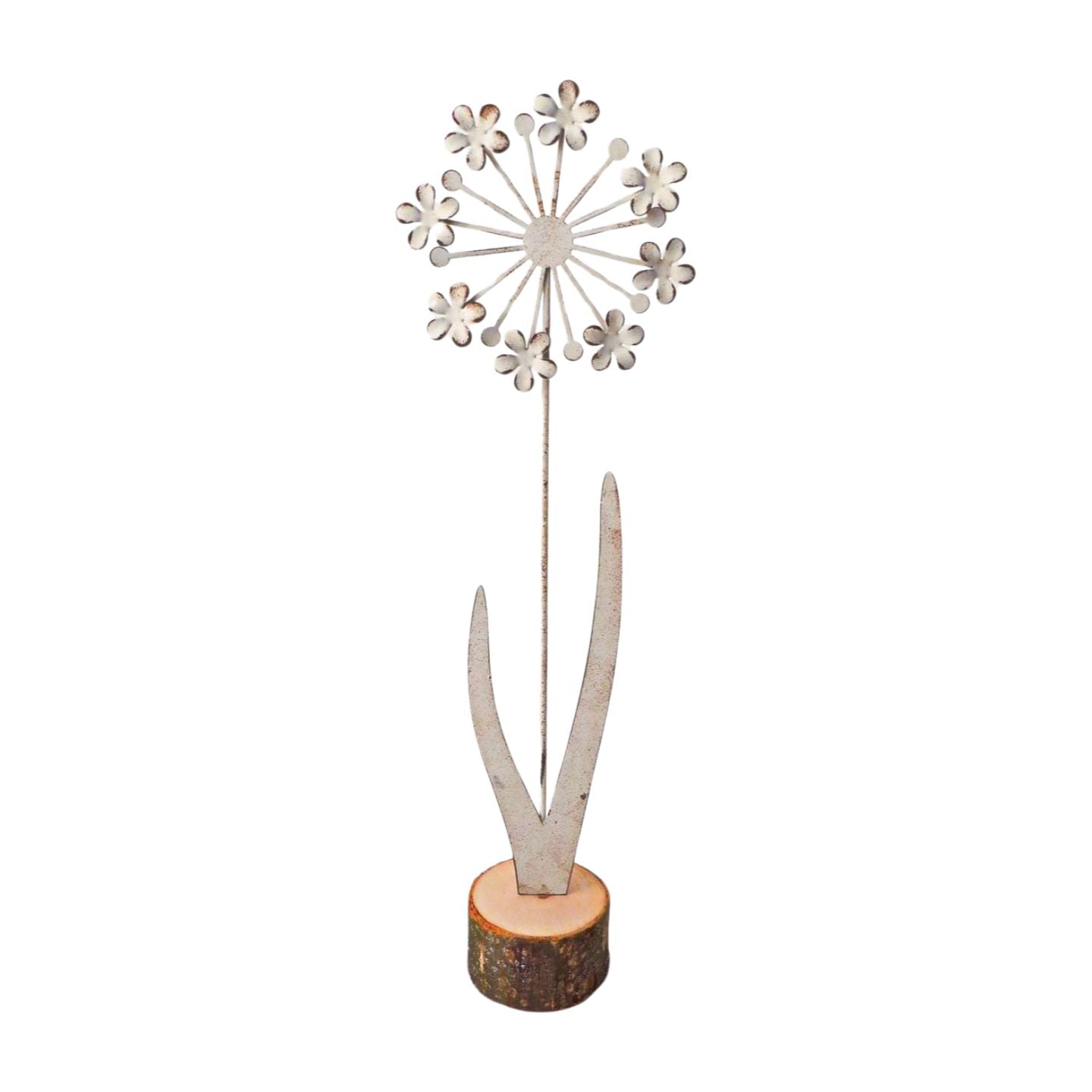 Off white metal flower on wood base 30.5cm