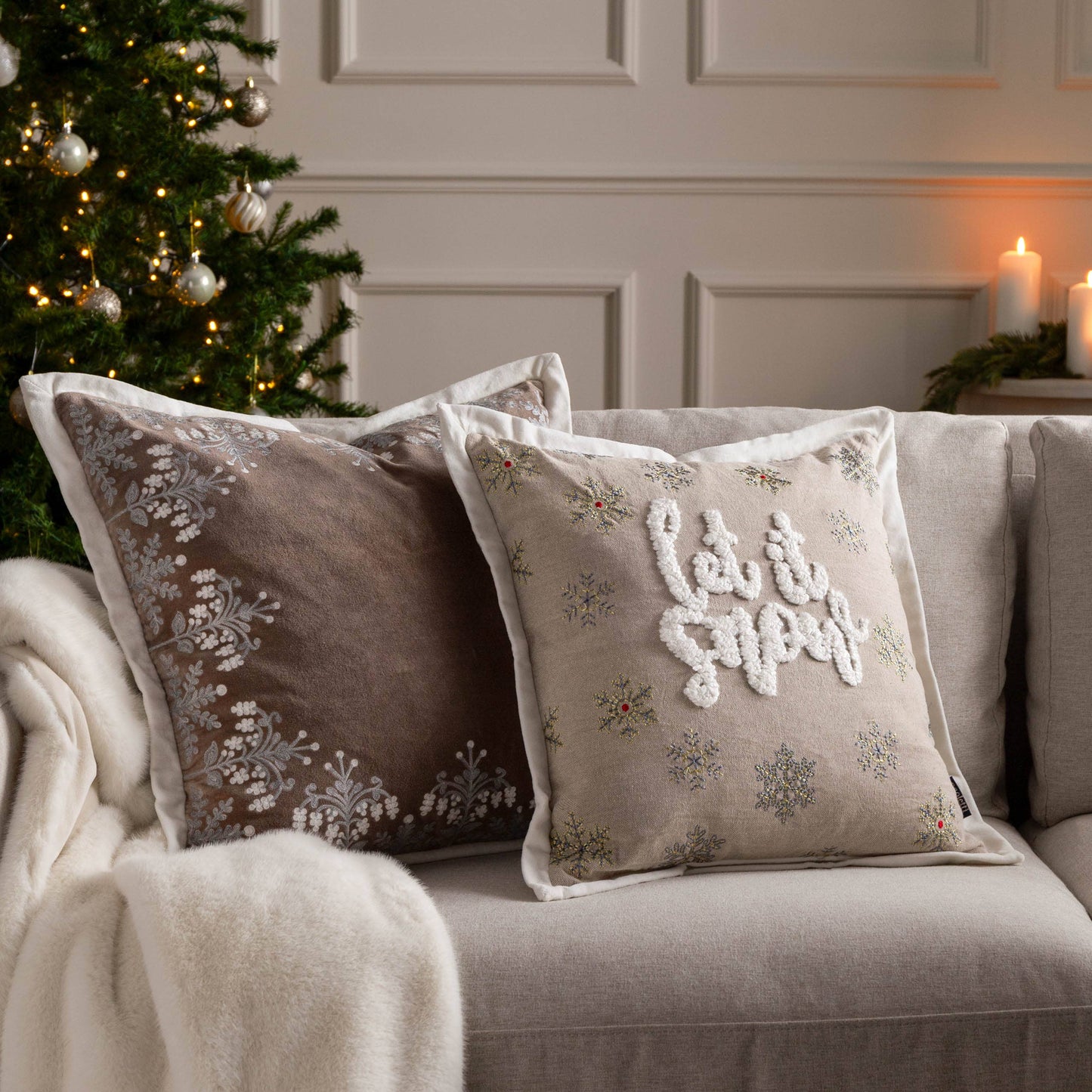Winter Let It Snow Embroidered Cushion Greige