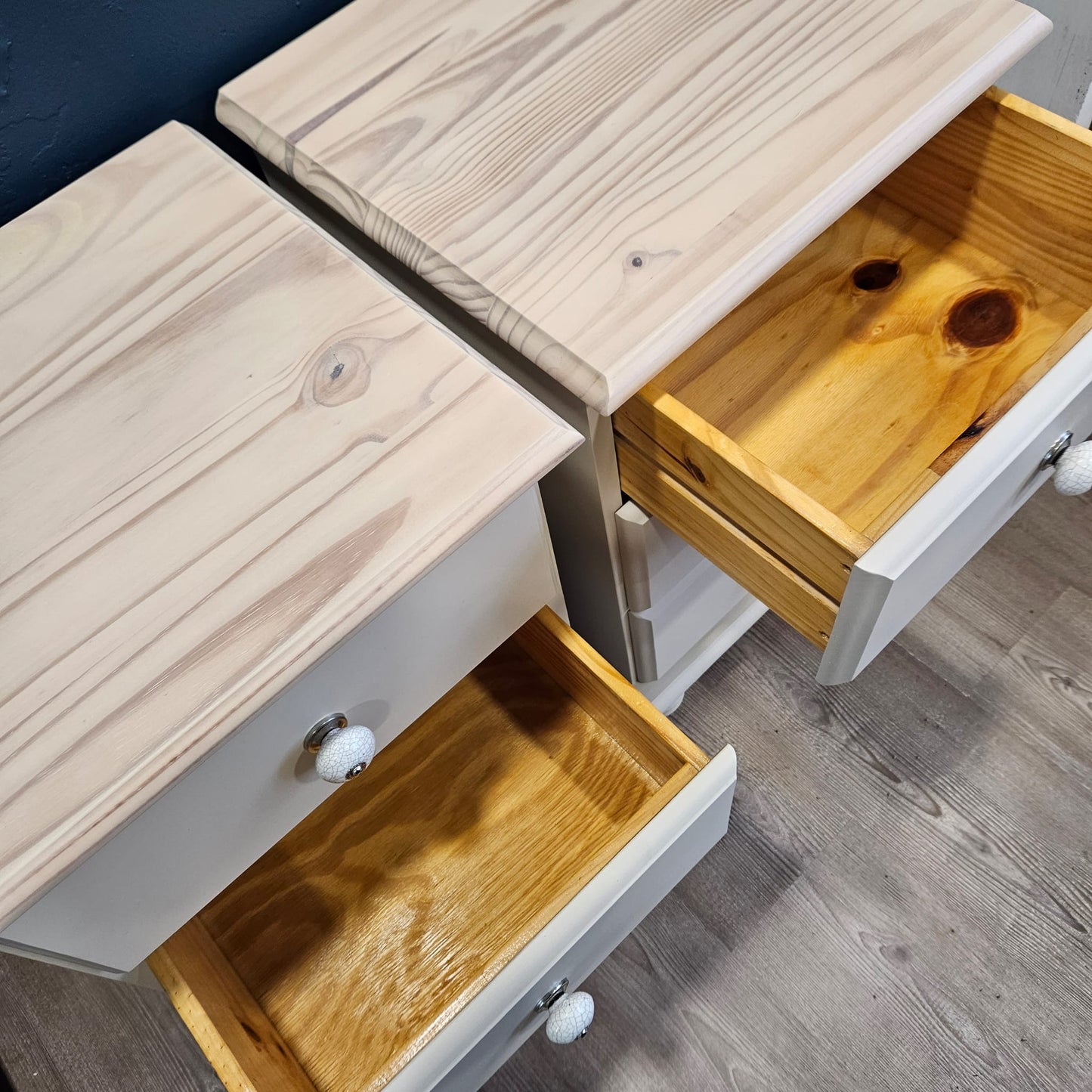 Pair of Pine bedside tables in Frenchic ‘Stone Rosie’