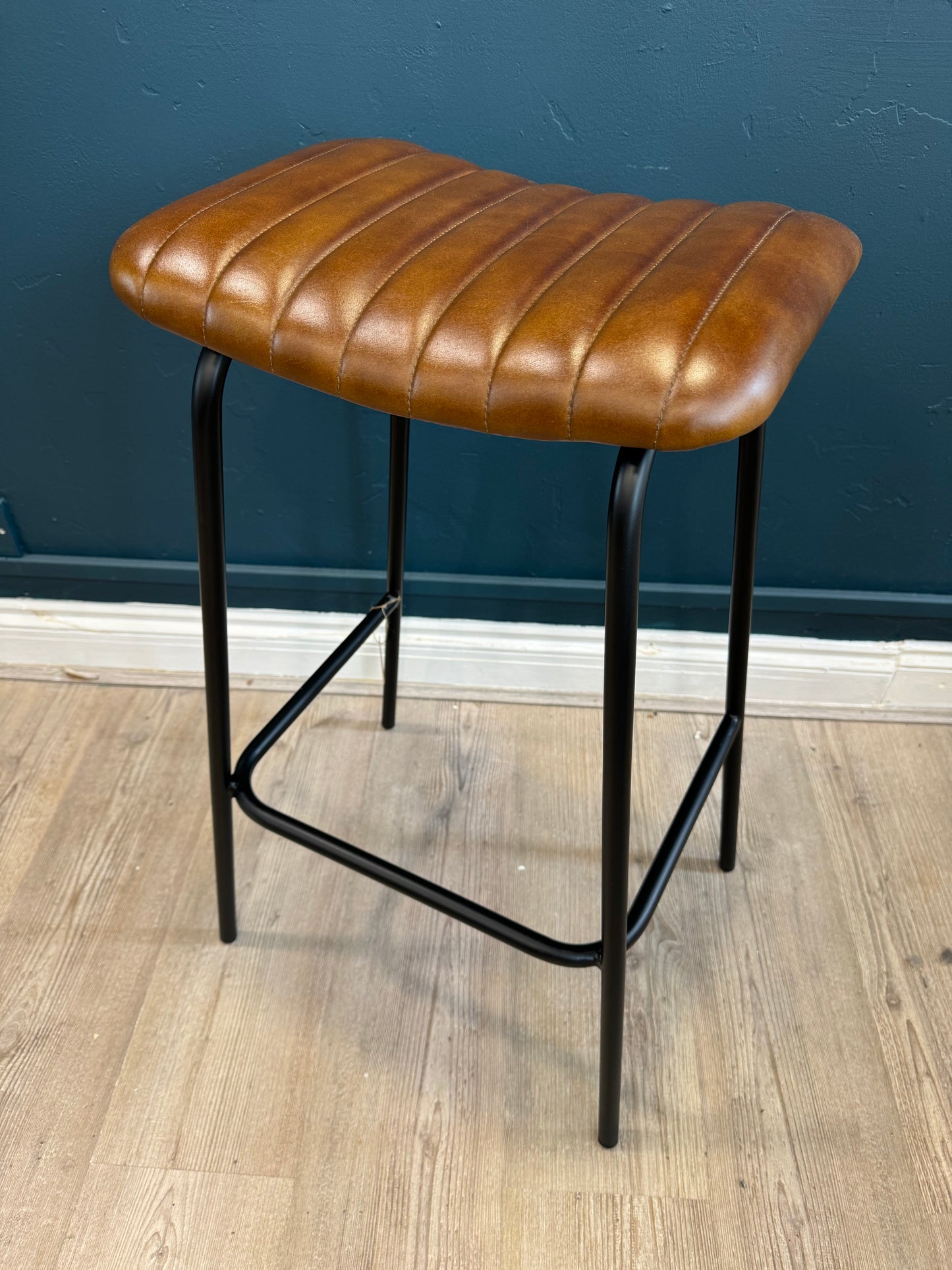 Industrial Ribbed Leather & Iron Classic Bar Stool