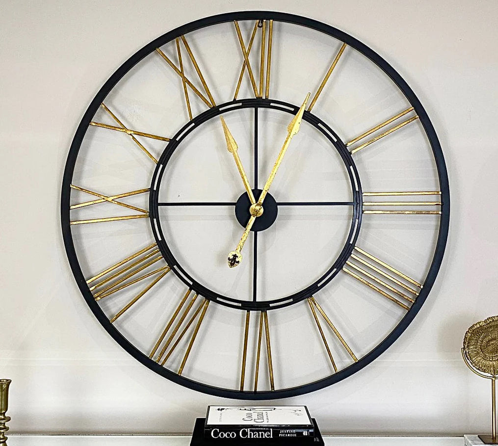 Large Black & Gold Iron Skeleton Clock