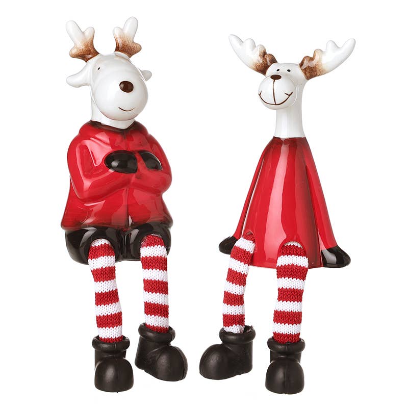 Christmas -SITTING REINDEER IN RED COATS DANGLY LEG (trT)