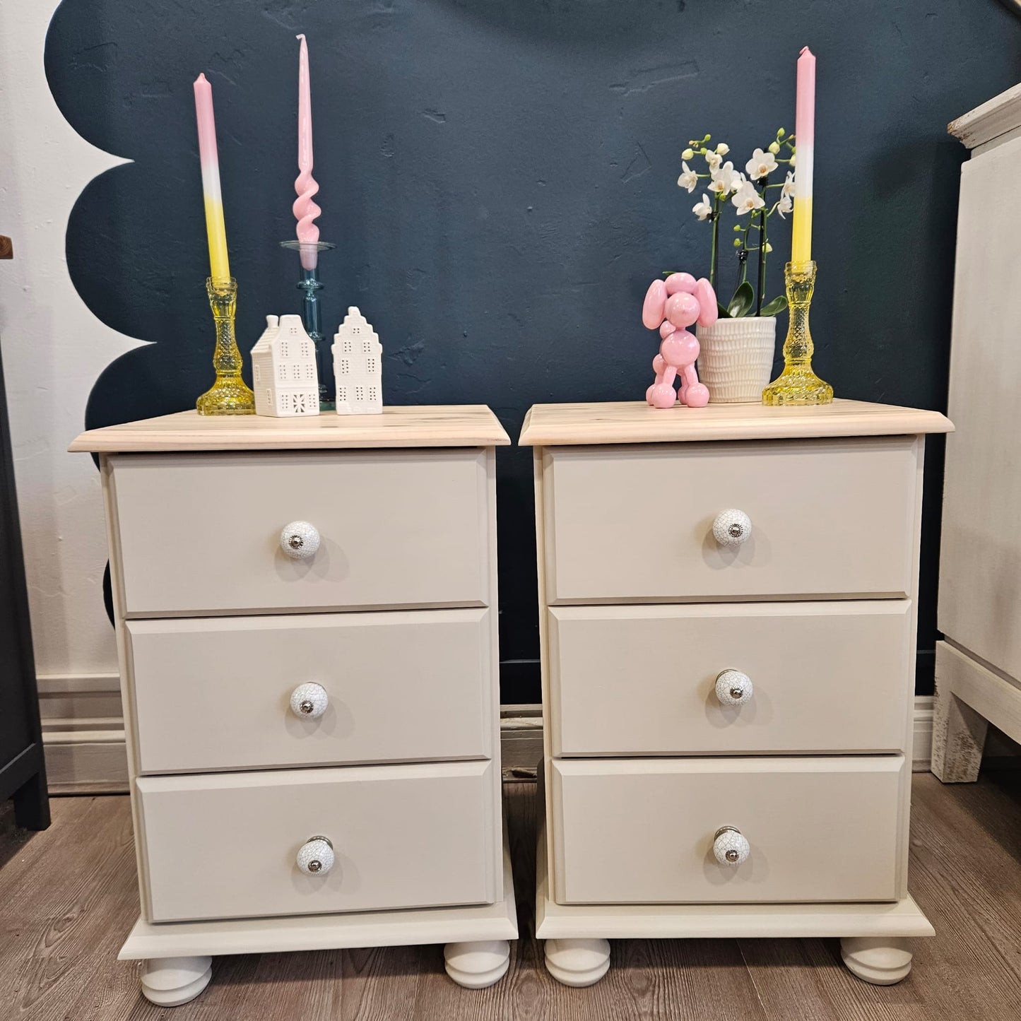 Pair of Pine bedside tables in Frenchic ‘Stone Rosie’