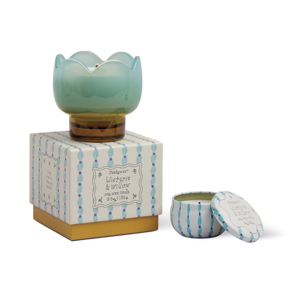 Tulip 5.5oz/155g Blue and Ochre Glass Candle - Wisteria & Willow