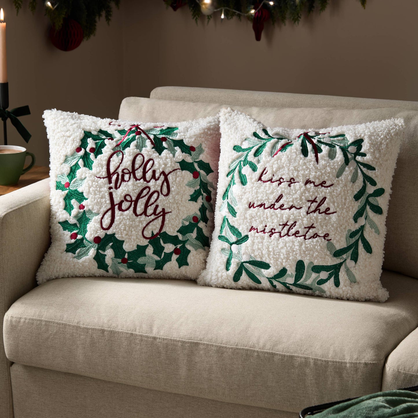 Mistletoe Wreath Embroidered Cushion Multicolour