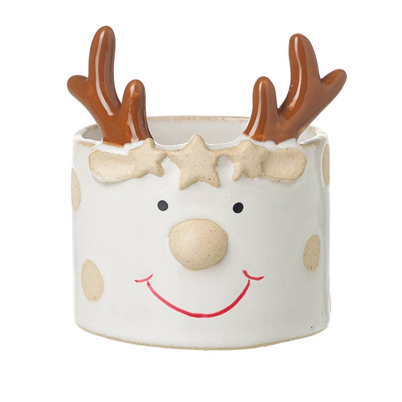 SMILING WHITE DEER POT WITH ANTLERS