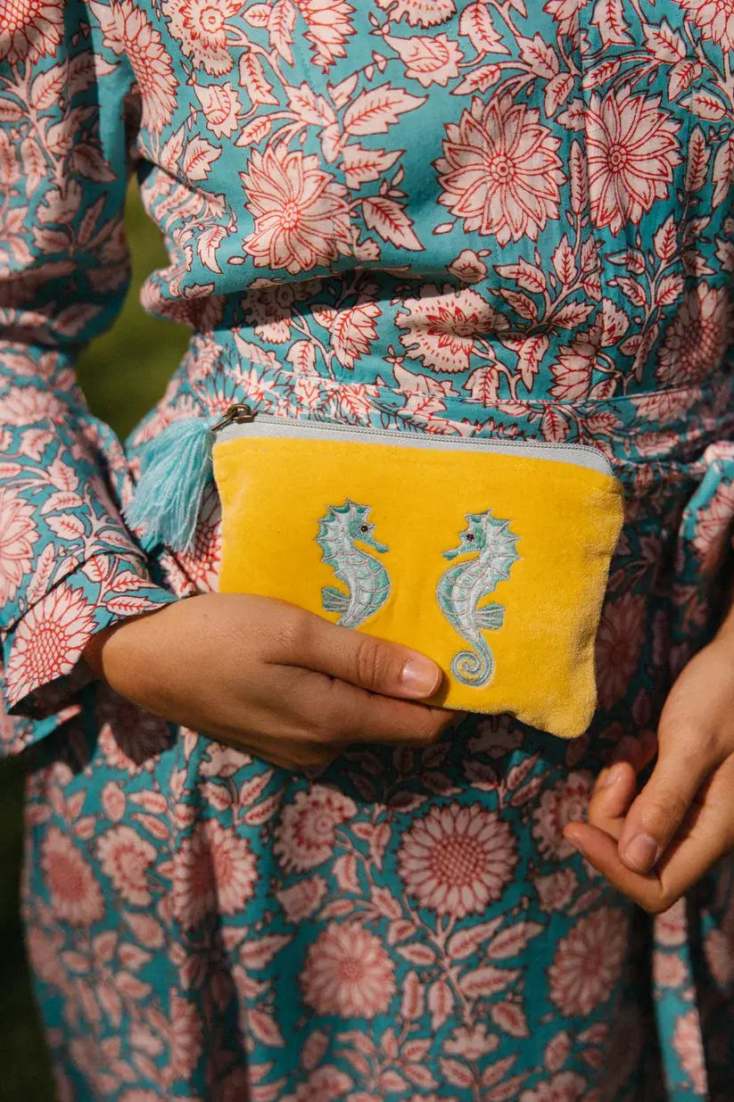 Velvet Seahorse Pouch - Yellow & Turquoise