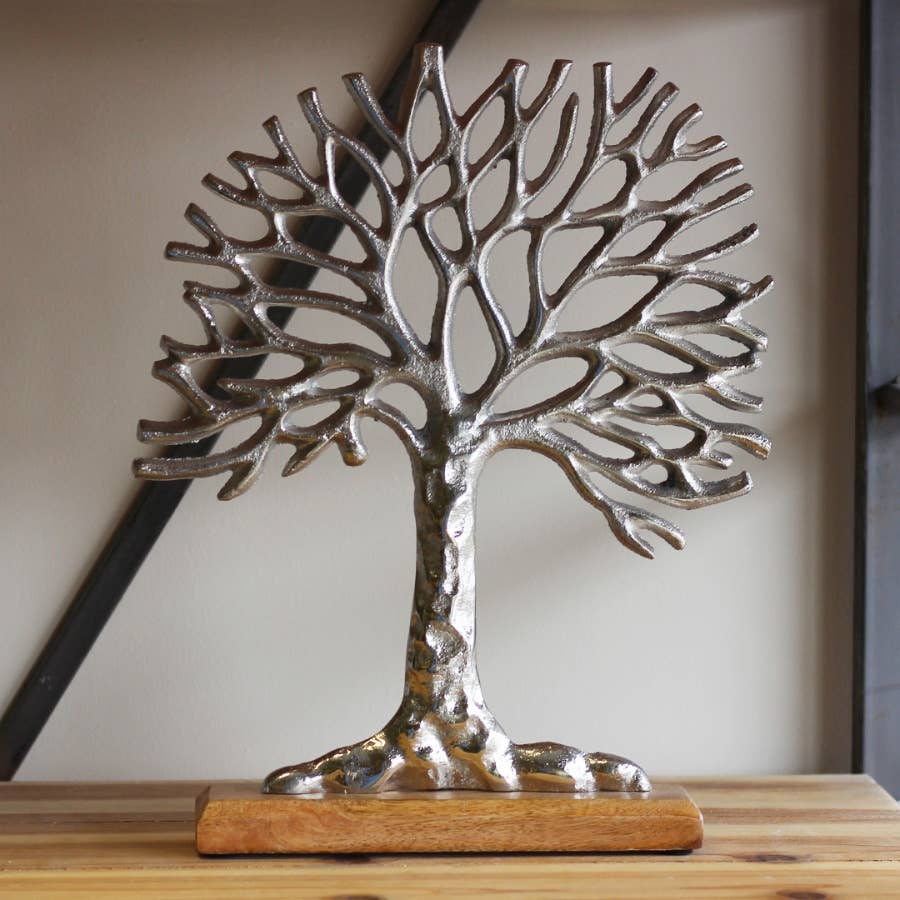 Silver Aluminium Tree Of Life On Block Base, 36cm