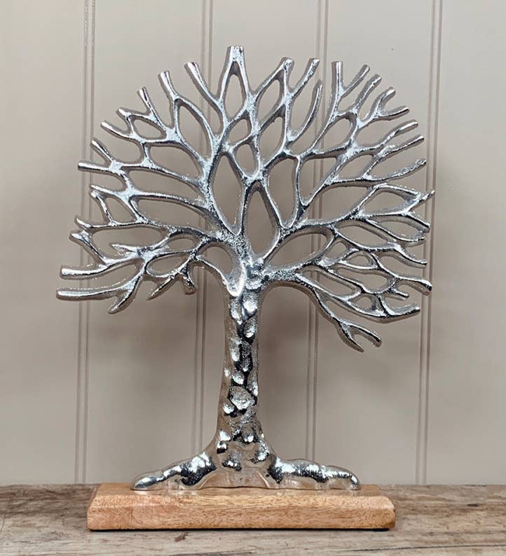 Silver Aluminium Tree Of Life On Block Base, 36cm