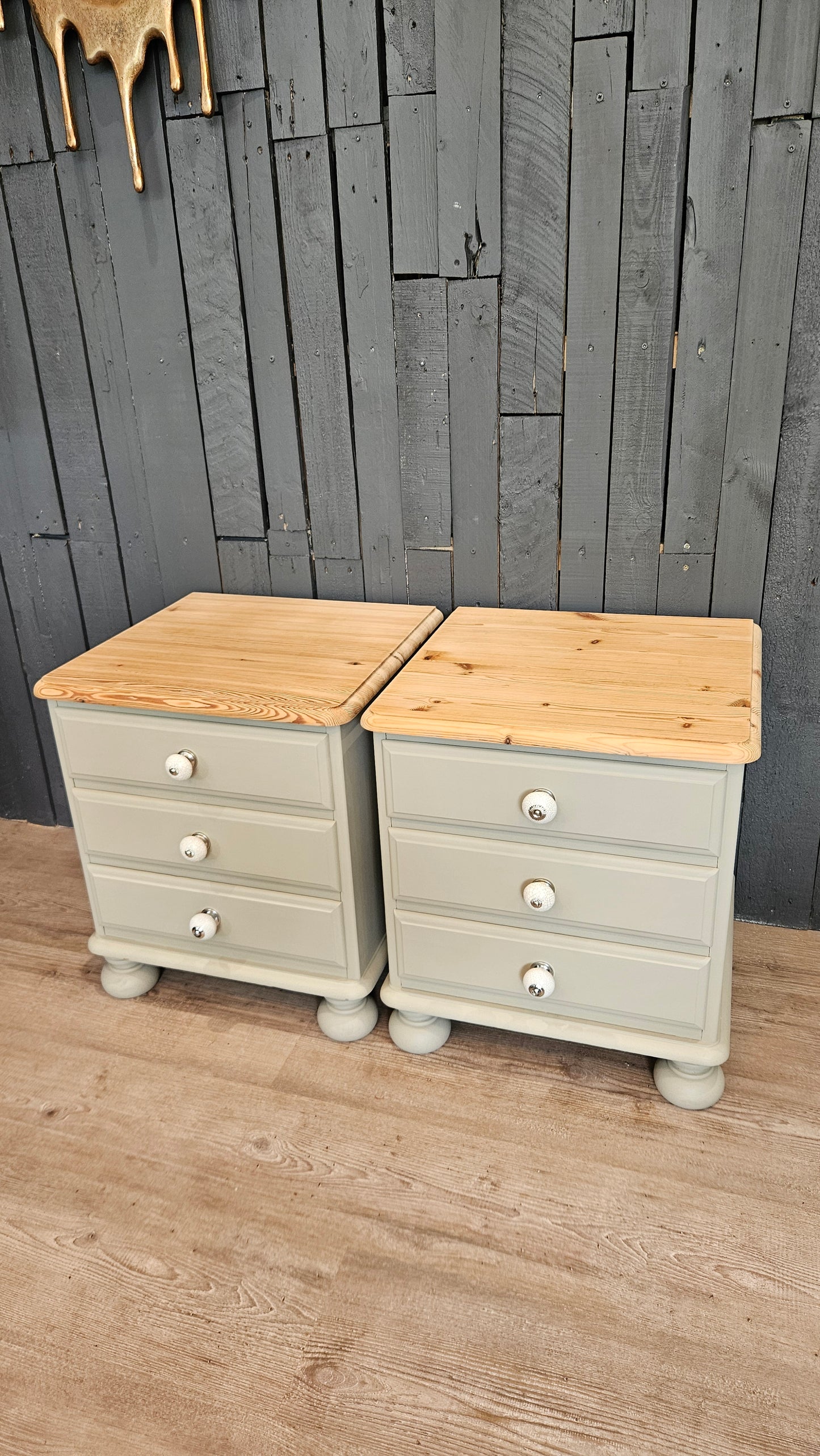 A pair of pine bedside tables painted in Frenchic 'Salt of the Earth'