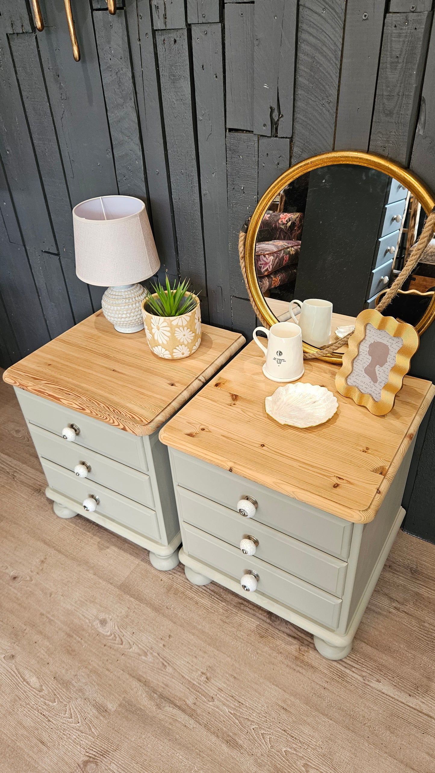 A pair of pine bedside tables painted in Frenchic 'Salt of the Earth'