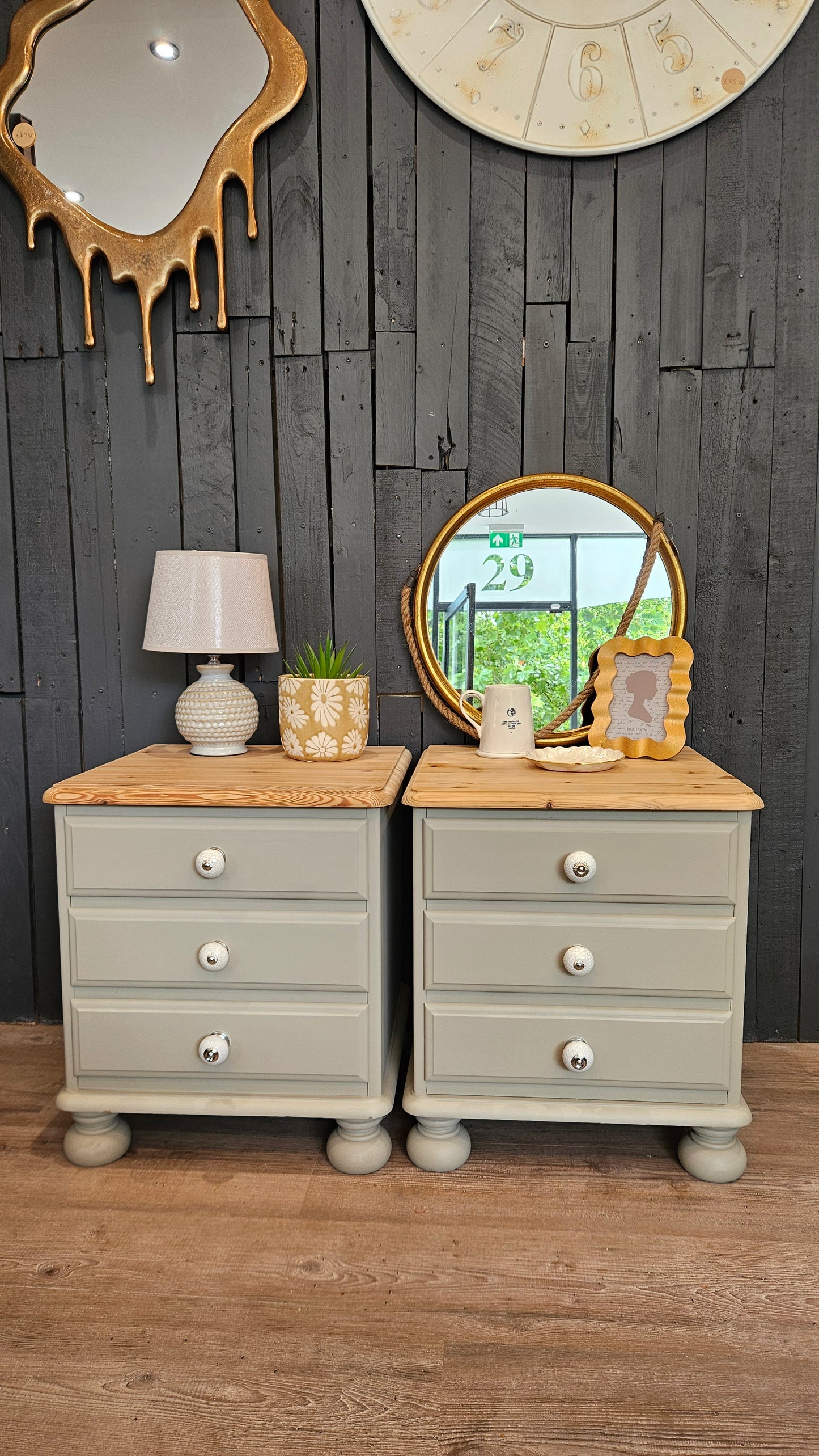 A pair of pine bedside tables painted in Frenchic 'Salt of the Earth'