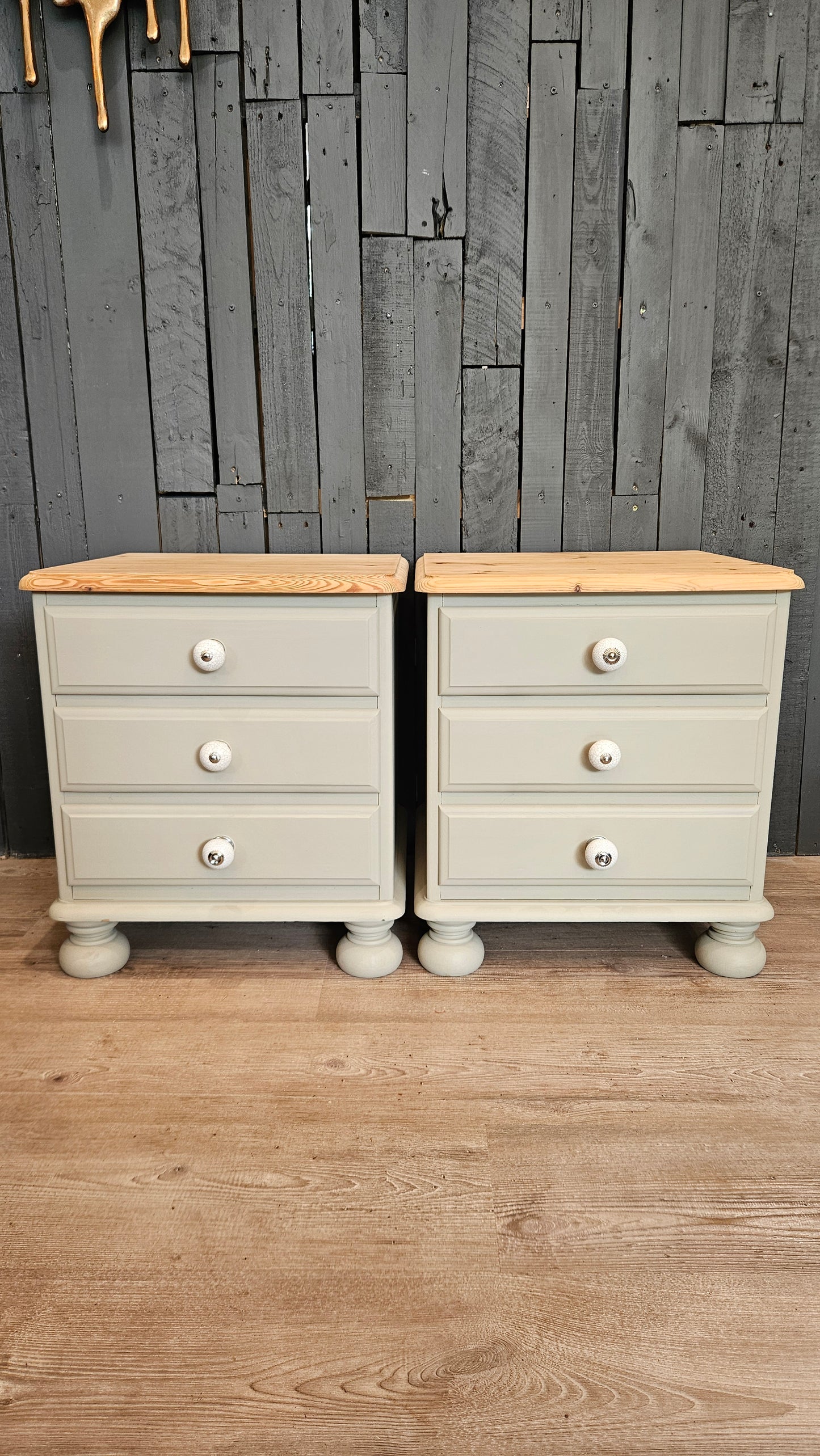A pair of pine bedside tables painted in Frenchic 'Salt of the Earth'