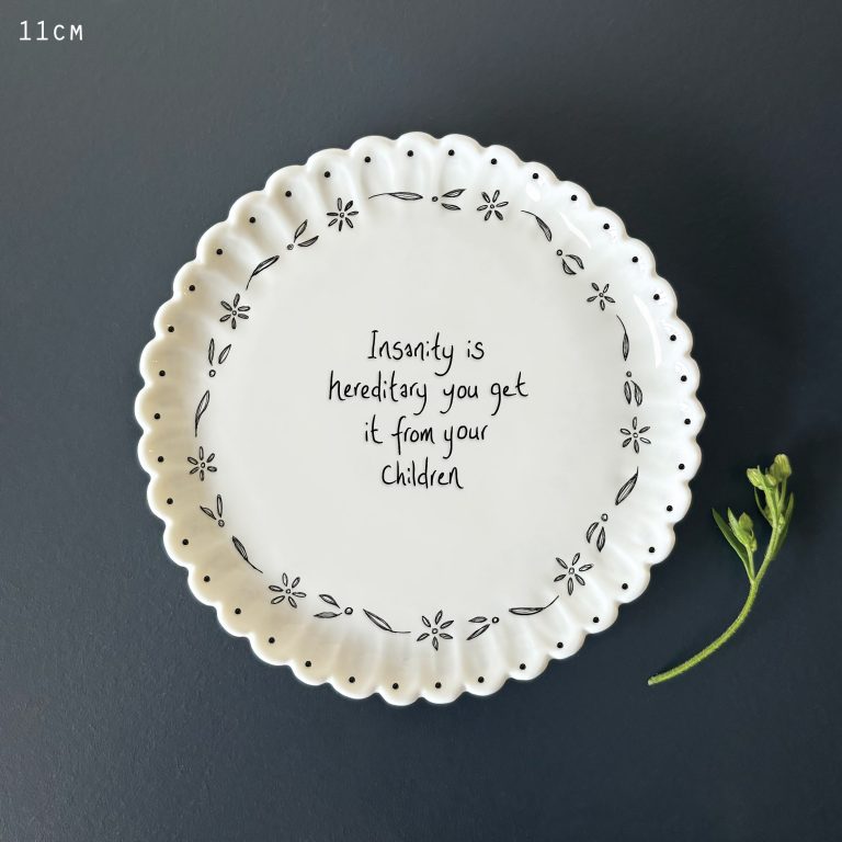 East of India Porcelain Scalloped Coaster 'Insanity Is Hereditary'
