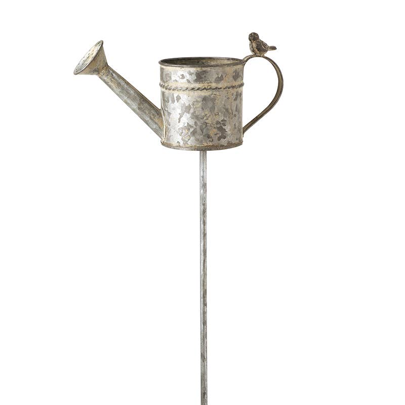 METAL BIRD ON WATERING CAN GARDEN STAKE