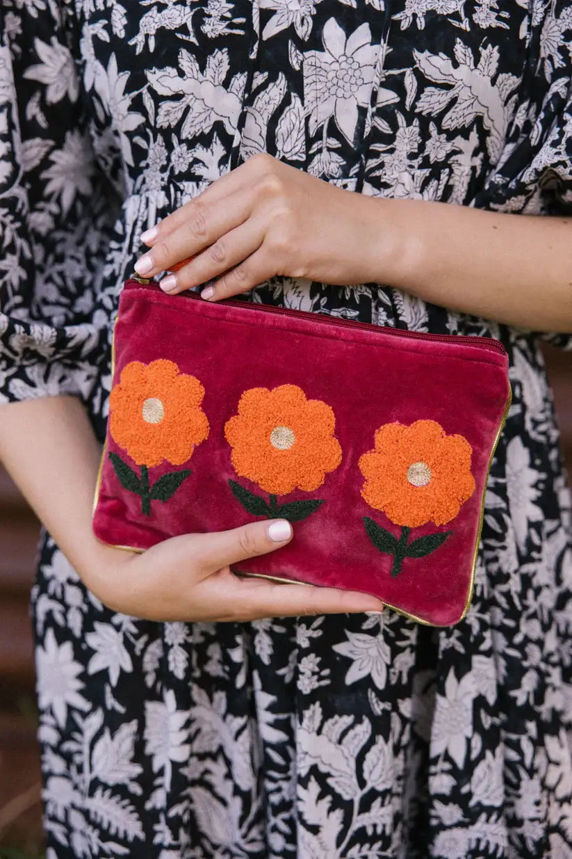 Velvet Triple Flower Pouch in Burgundy