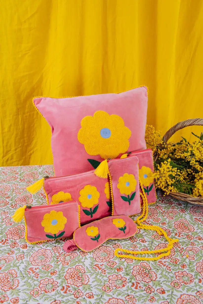 Velvet Triple Flower Pouch - Pink & Yellow