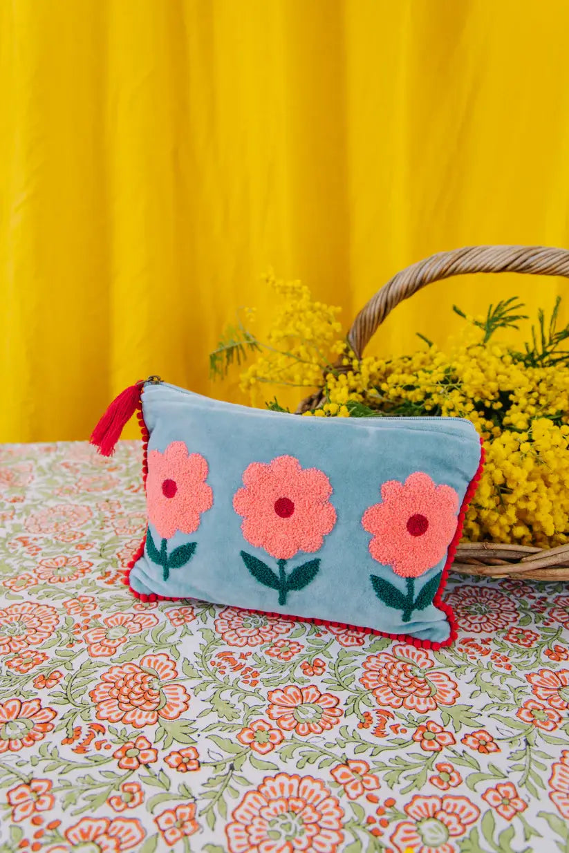 Velvet Triple Flower Pouch - Pink & Aqua