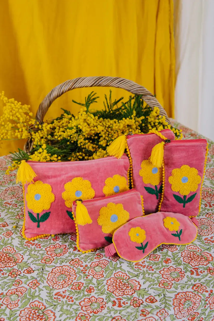 Velvet Triple Flower Pouch - Pink & Yellow