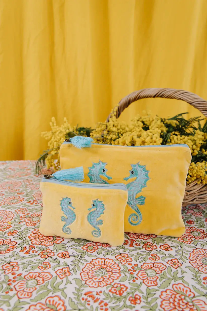 Velvet Seahorse Pouch - Yellow & Turquoise
