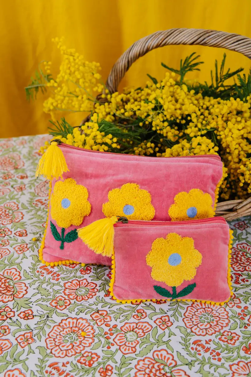 Velvet Triple Flower Pouch - Pink & Yellow