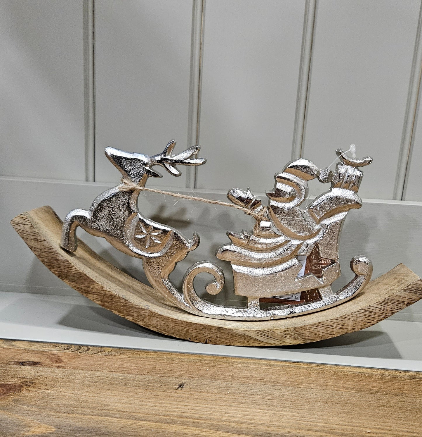 Silver Santa Sleigh On Rocking Wood Base