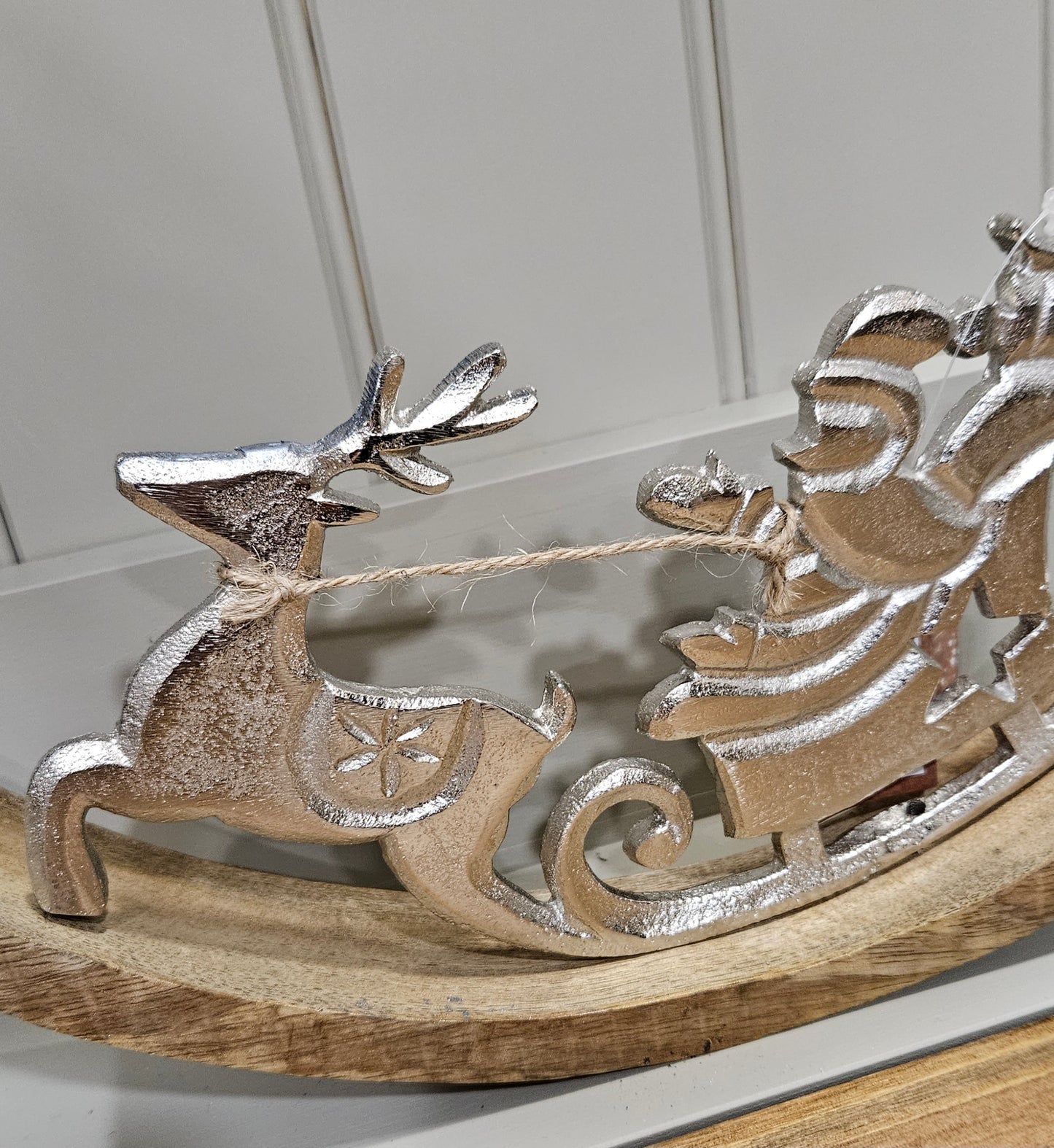 Silver Santa Sleigh On Rocking Wood Base