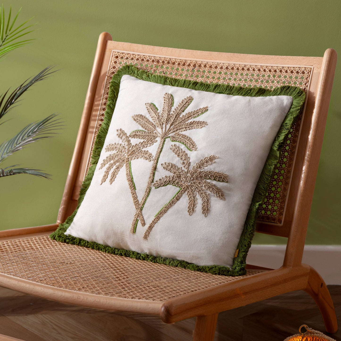 Palm Embroidered Cushion Green