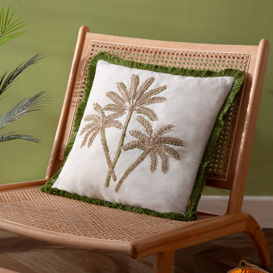 Palm Embroidered Cushion Green