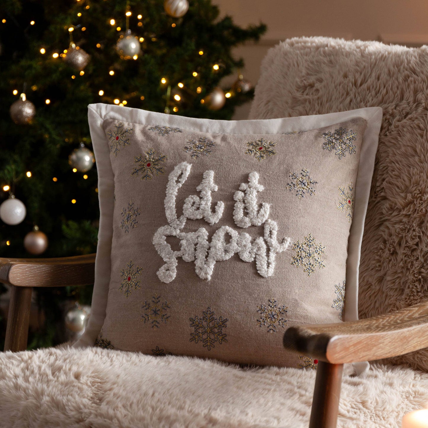 Winter Let It Snow Embroidered Cushion Greige
