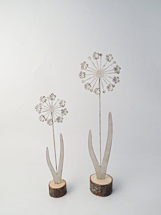 Off white metal flower on wood base 40cm