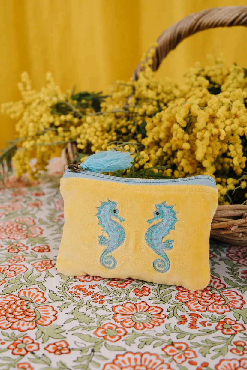 Velvet Seahorse Pouch - Yellow & Turquoise