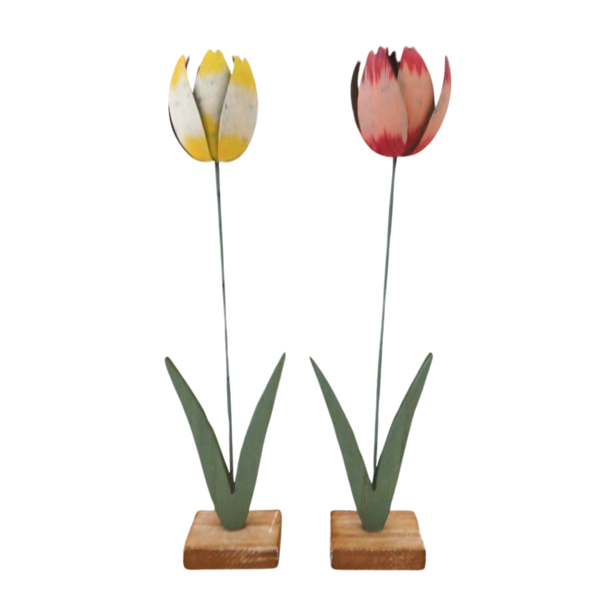 Metal tulip with wood leaves on wooden base