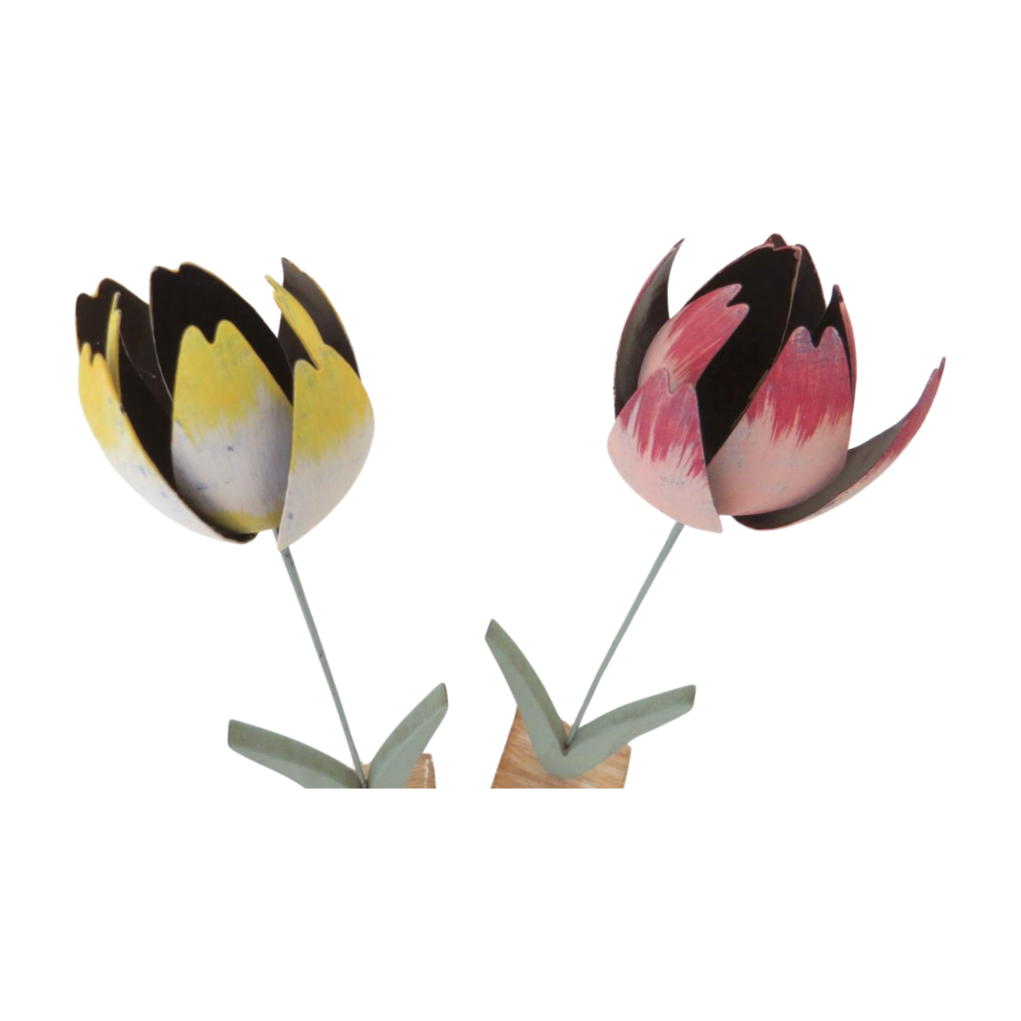 Metal tulip with wood leaves on wooden base