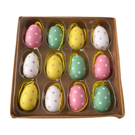 Set of 12 mini hanging egg decorations, comes in display box