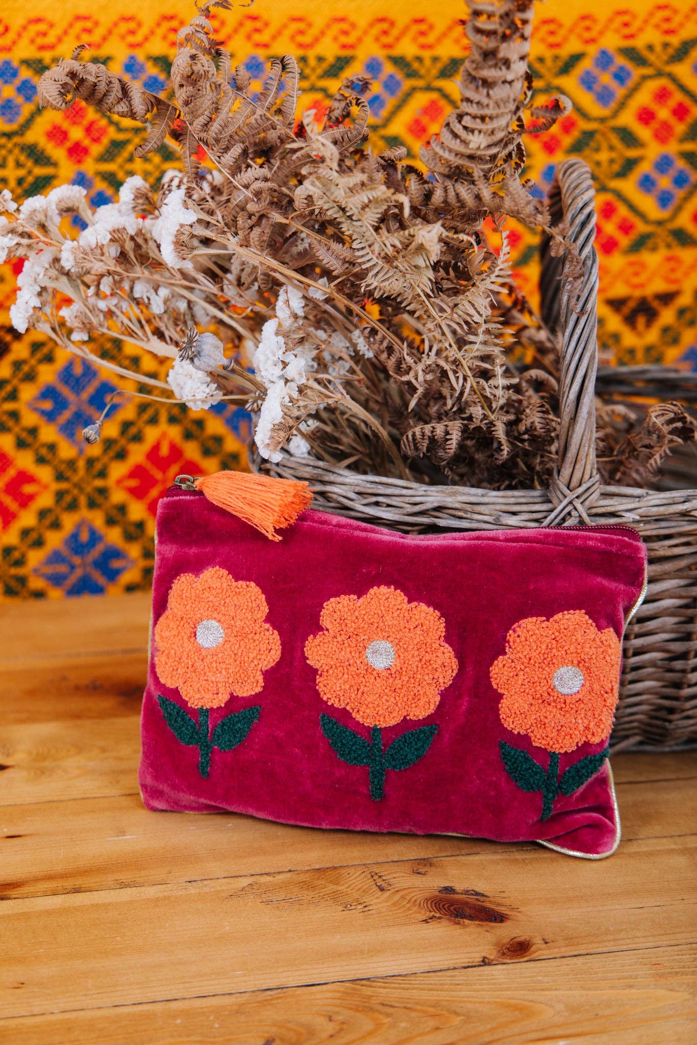 Velvet Triple Flower Pouch in Burgundy