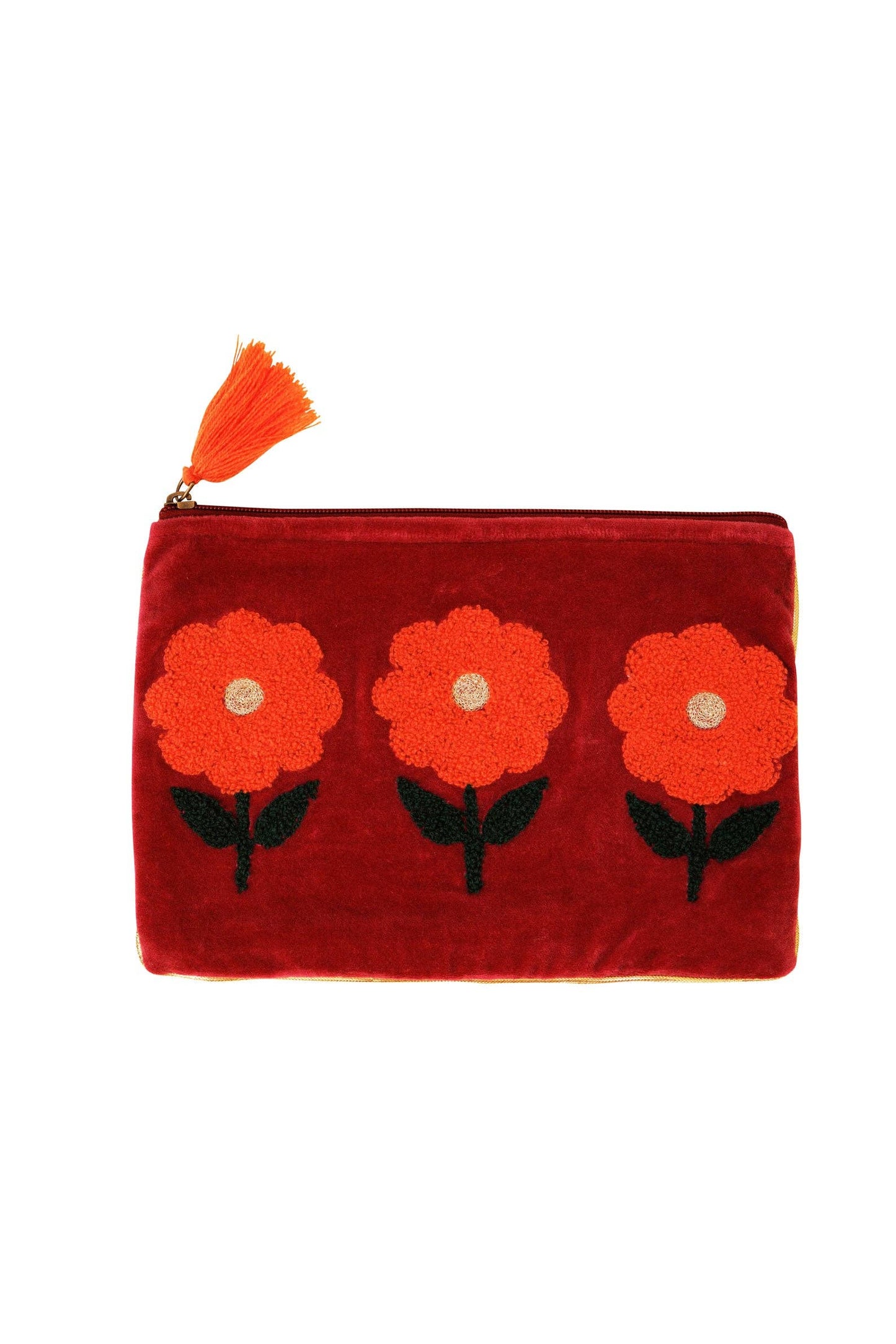 Velvet Triple Flower Pouch in Burgundy