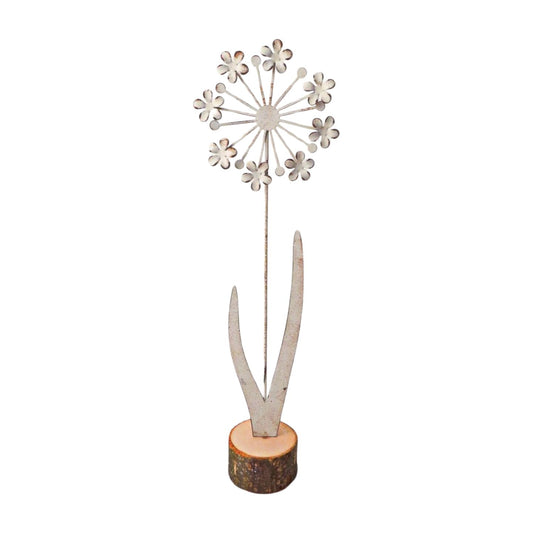 Off white metal flower on wood base 30.5cm