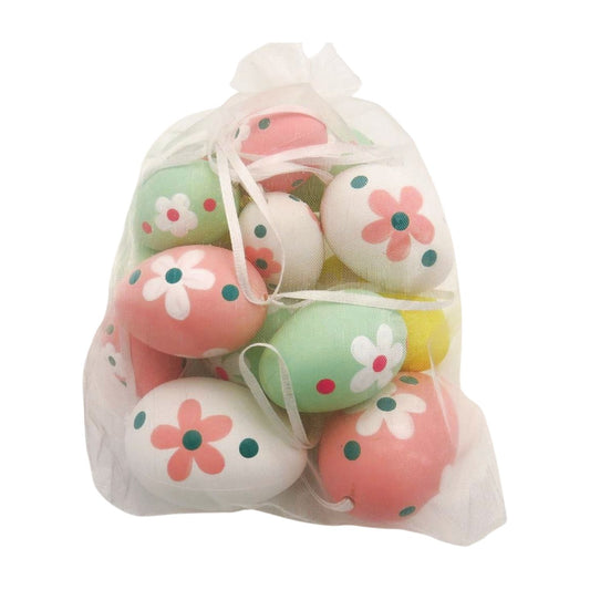 Set of 16 hanging assorted size egg decorations with floral design