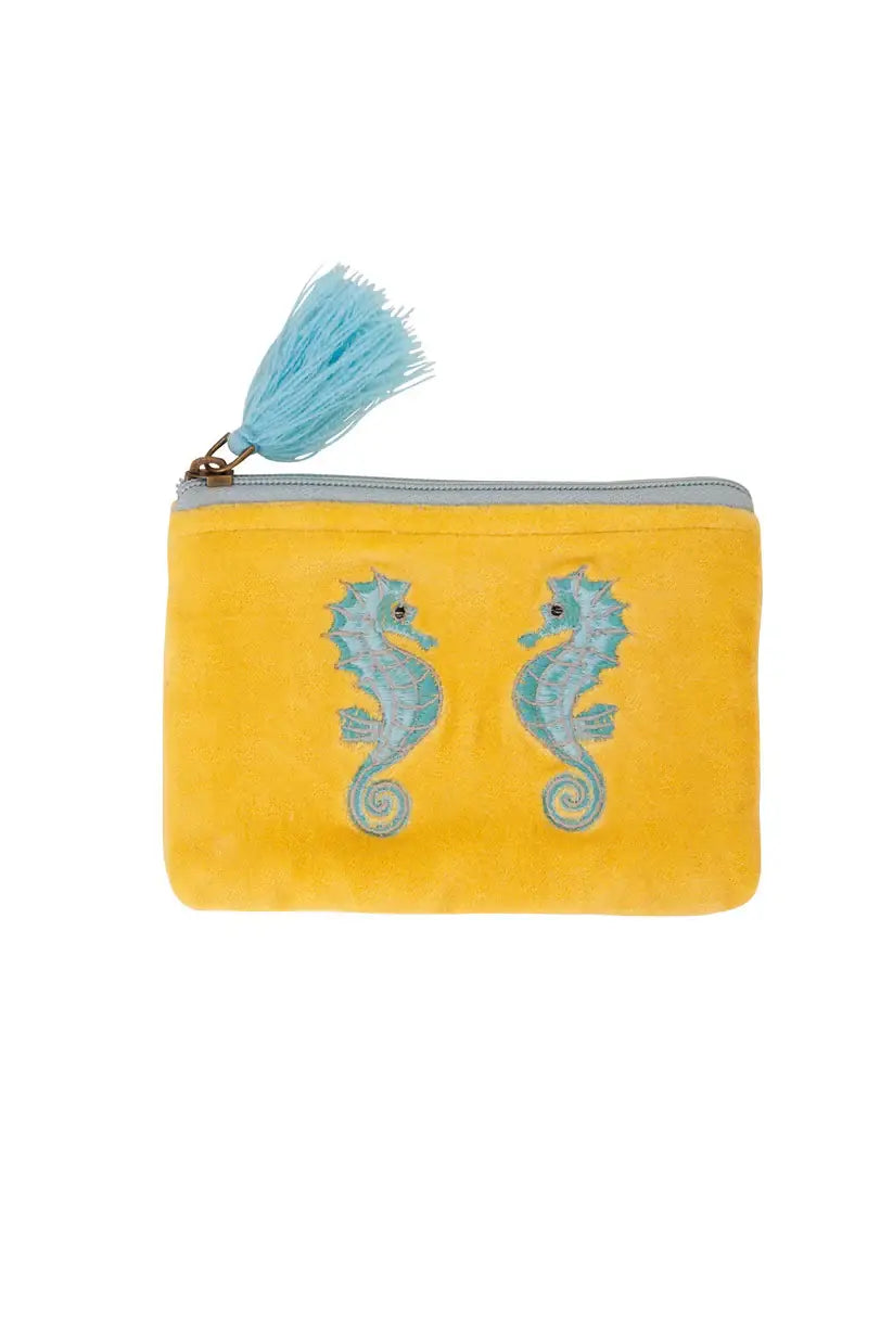 Velvet Seahorse Pouch - Yellow & Turquoise
