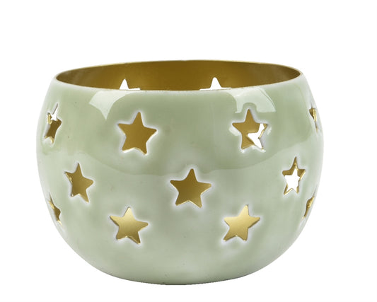 Round Iron Tealight Holder With Stars - Green