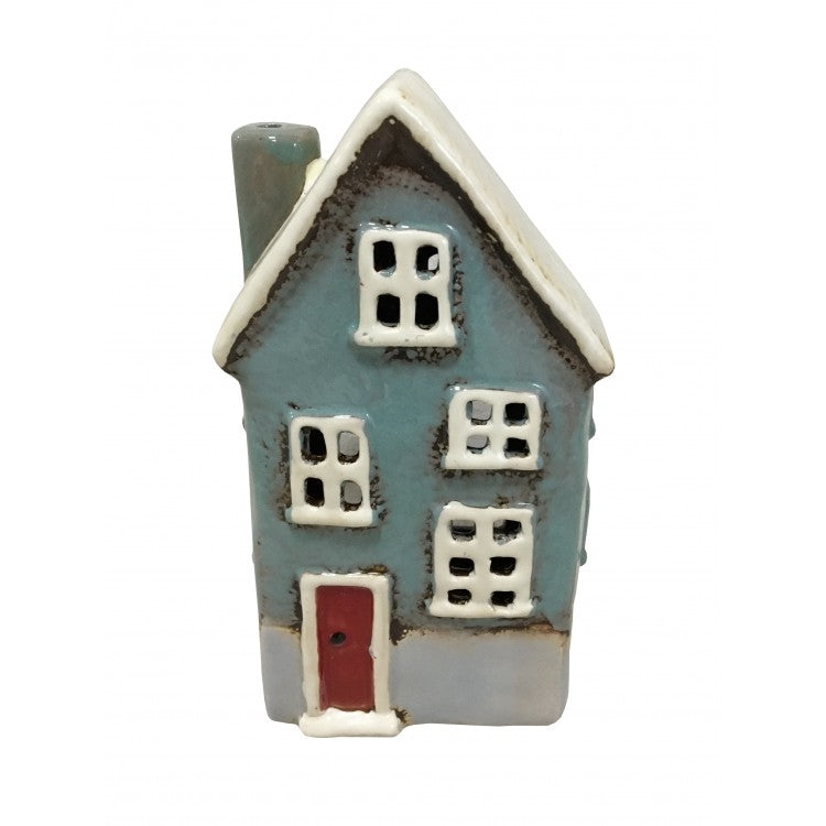 Two-Tone Blue Ceramic Pottery Cottage Tealight Holder