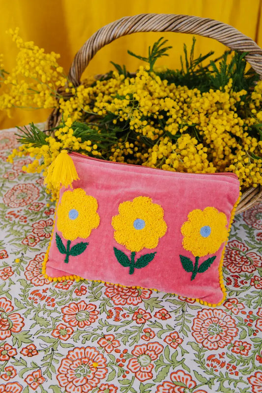 Velvet Triple Flower Pouch - Pink & Yellow