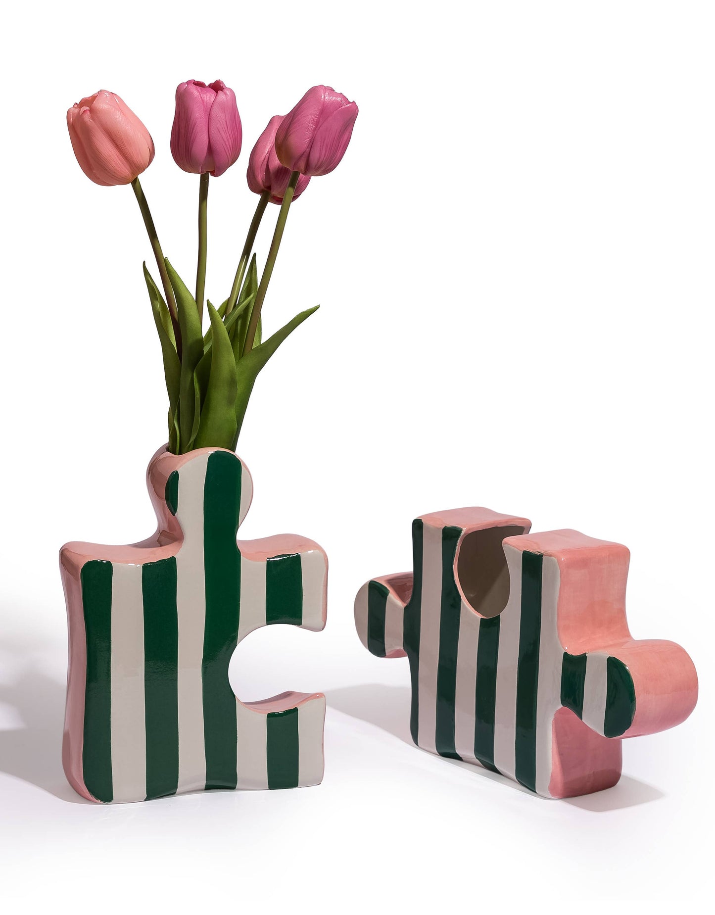 Green/White & Pink Ceramic Jigsaw Piece Vases